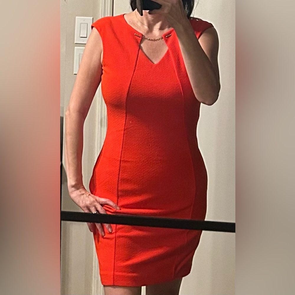 Calvin Klein Vibrant Orange/Red Sheath Dress with Gold-Toned Chain Hardware